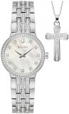 Bulova Ladies' Crystal Stainless Steel Box Set with White Mother-of-Pearl Dial 3-Hand Quartz-Watch and Cross Crystal Pendant-Necklace, 30mm Style:96X163