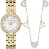 Bulova-Ladies' Crystal Gold-Tone Stainless Steel Box Set with White Mother-of-Pearl Dial 3-Hand Quartz-Watch and MOP Crystal Accent Hearts Pendant-Necklace, 30mm Style:98X138