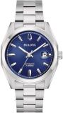Bulova Surveyor automatic men's watch, blue background, 96B436, steel case and bracelet, Silver, bracelet, Silver, bracelet