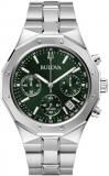 Bulova Men's Classic 6-Hand Chronograph High Performance Quartz Silver Stainless Steel Watch, Green Dial,Geometric Bezel 24 Hour Time, 44mm, Style:96B409