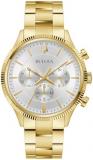 Bulova Men's Classic 6-Hand Chronograph Quartz Gold Stainless Steel Watch, 24 Hour Time, Luminous Hands, 43mm, Style:97A190