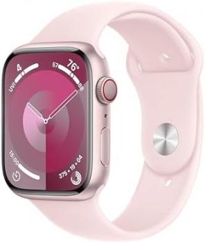 Apple Watch Series 9 [GPS + Cellular 45mm] Smartwatch with Pink Aluminum Case with Pink Sport Band M/L. Fitness Tracker, Blood Oxygen & ECG Apps, Always-On Retina Display