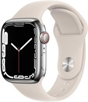 Apple Watch Series 7 (GPS, 41MM) Silver Stainless Steel Case with Starlight Sport Band (Renewed)