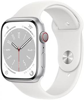 Apple Watch Series 8 [GPS + Cellular 45mm] Smart Watch w/Silver Aluminum Case with White Sport Band - S/M. Fitness Tracker, Blood Oxygen & ECG Apps, Always-On Retina Display, Water Resistant