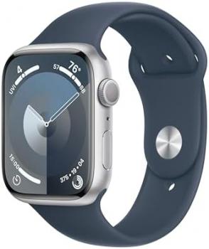 Apple Watch Series 9 [GPS 45mm] Silver Aluminum Case with Storm Blue Sport Band S/M (Renewed)