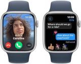 Apple Watch Series 9 [GPS 45mm] Smartwatch with Silver Aluminum Case with Storm Blue Sport Band S/M. , Water Resistant with AppleCare+ (2 Years)