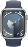 Apple Watch Series 9 [GPS 45mm] Smartwatch with Silver Aluminum Case with Storm Blue Sport Band S/M. , Water Resistant with AppleCare+ (2 Years)