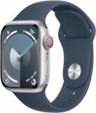 Apple Watch Series 9 [GPS + Cellular, 45mm] - Silver Aluminum Case with Storm Blue Sport Band, M/L (Renewed Premium)