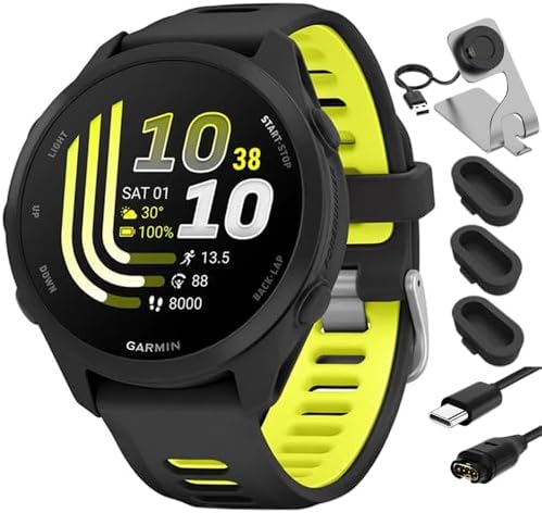 Garmin Forerunner 170, 1.2" AMOLED GPS Running Watch, Pay, 10-Day Battery, Black/Amp Yellow, 010-03920-00 w/Deco Essentials Charging Dock, 3-Pack Dust Cover & USB-C Cable
