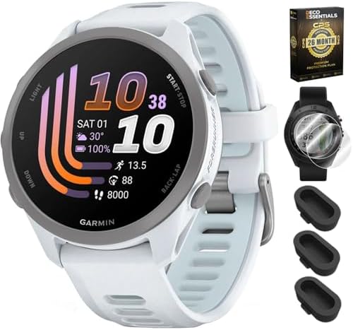 Garmin Forerunner 170, 1.2" AMOLED GPS Running Watch, Pay, 10-Day Battery, Whitestone/Cloud Blue, 010-03920-01 w/Deco Essentials 26-Month CPS, Screen Protector & 3-Pack Dust Cover