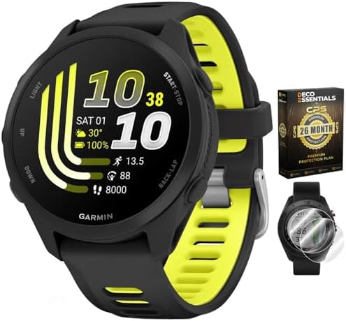 Garmin Forerunner 170 Music, 1.2" AMOLED GPS Running Watch, On-Watch Music, 10-Day Battery, Black/Amp Yellow, 010-03920-10 w/Deco Essentials 26-Month CPS Protection & 2-Pack Screen Protector