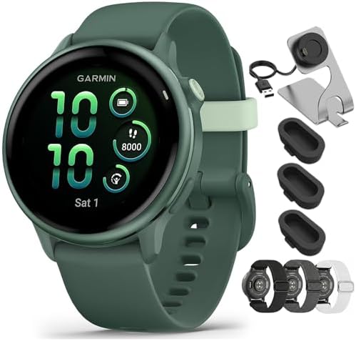 Garmin VIVOACTIVE 6 Health and Fitness GPS Smartwatch Jasper Green with Silicone Band 010-02985-02 Bundle with Deco Essentials Nylon Elastic Bands 20mm 3 Pack, Charging Dock and Dust Cover 3 Pack