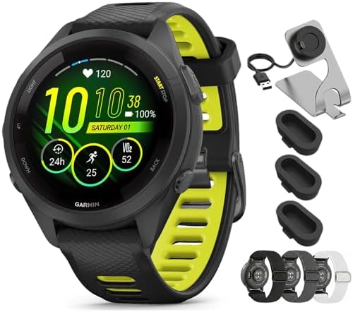 Garmin Forerunner 265S Running GPS Smartwatch, AMOLED Display, 42mm, Black/Amp Yellow, 010-02810-03 - Bundle w/Deco Essentials 18mm Nylon Elastic Bands, Dock and Dust Cover