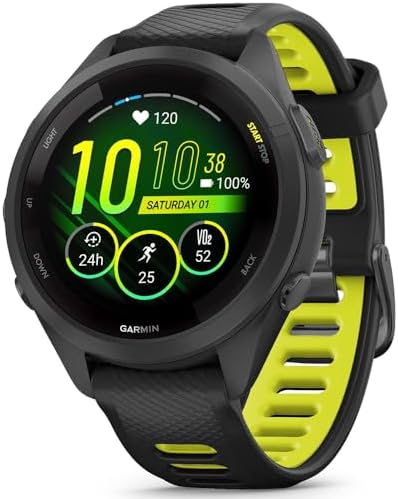 Garmin Forerunner 265S Running GPS Smartwatch, AMOLED Display, 42mm, Black/Amp Yellow, 010-02810-03 - Bundle w/Deco Essentials 18mm Nylon Elastic Bands, Dock and Dust Cover