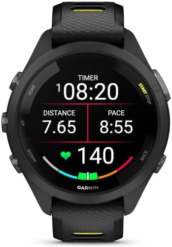 Garmin Forerunner 265S Running GPS Smartwatch, AMOLED Display, 42mm, Black/Amp Yellow, 010-02810-03 - Bundle w/Deco Essentials 18mm Nylon Elastic Bands, Dock and Dust Cover