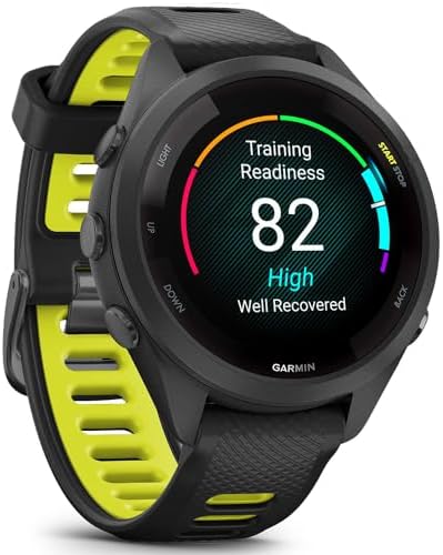 Garmin Forerunner 265S Running GPS Smartwatch, AMOLED Display, 42mm, Black/Amp Yellow, 010-02810-03 - Bundle w/Deco Essentials 18mm Nylon Elastic Bands, Dock and Dust Cover