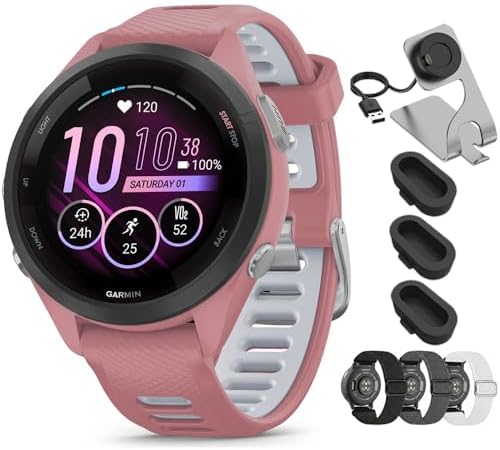 Garmin Forerunner 265S Running GPS Smartwatch, AMOLED Display, 42mm, Light Pink/Whitestone, 010-02810-05 - Bundle w/Deco Essentials 18mm Nylon Elastic Bands, Dock and Dust Cover