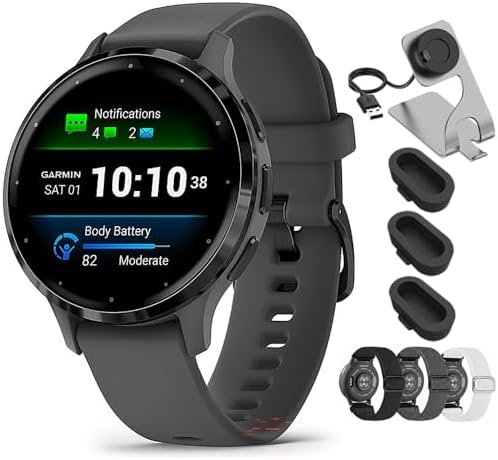 Garmin Venu 3 Silver Stainless Steel Bezel AMOLED Smartwatch, 45mm Whitestone Case, 010-02784-00 - Bundle w/Deco Essentials 22mm Nylon Elastic Bands, Dock and Dust Cover
