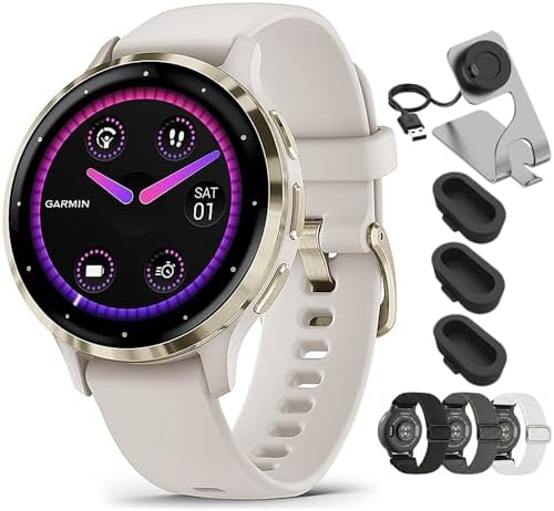 Garmin Venu 3S Soft Gold Stainless Steel Bezel AMOLED Smartwatch, 41mm Dust Rose Case, 010-02785-03 - Bundle w/Deco Essentials 18mm Nylon Elastic Bands, Dock and Dust Cover