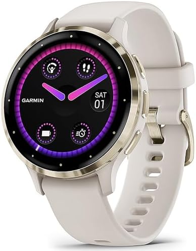Garmin Venu 3S Soft Gold Stainless Steel Bezel AMOLED Smartwatch, 41mm Dust Rose Case, 010-02785-03 - Bundle w/Deco Essentials 18mm Nylon Elastic Bands, Dock and Dust Cover