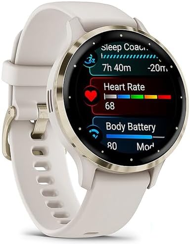 Garmin Venu 3S Soft Gold Stainless Steel Bezel AMOLED Smartwatch, 41mm Dust Rose Case, 010-02785-03 - Bundle w/Deco Essentials 18mm Nylon Elastic Bands, Dock and Dust Cover