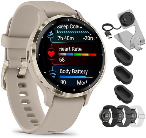 Garmin Venu 3S Soft Gold Stainless Steel Bezel AMOLED Smartwatch, 41mm Ivory Case, 010-02785-04 - Bundle w/Deco Essentials 18mm Nylon Elastic Bands, Dock and Dust Cover