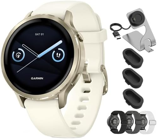 Garmin Venu 4 41mm Health and Fitness GPS Smartwatch, AMOLED, Lunar Gold with Bone Silicone Band, 010-03013-00 - Bundle w/Deco Essentials 18mm Nylon Elastic Bands, Dock and Dust Cover