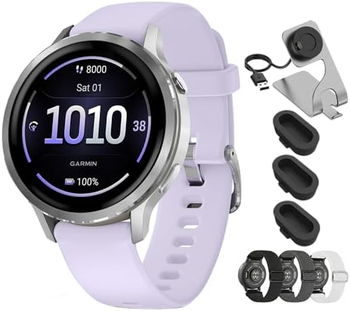 Garmin Venu 4 41mm Health and Fitness GPS Smartwatch, AMOLED, Silver with Periwinkle Silicone Band, 010-03013-01 - Bundle w/Deco Essentials 18mm Nylon Elastic Bands, Dock and Dust Cover