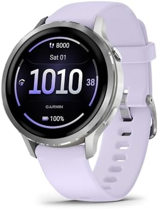 Garmin Venu 4 41mm Health and Fitness GPS Smartwatch, AMOLED, Silver with Periwinkle Silicone Band, 010-03013-01 - Bundle w/Deco Essentials 18mm Nylon Elastic Bands, Dock and Dust Cover