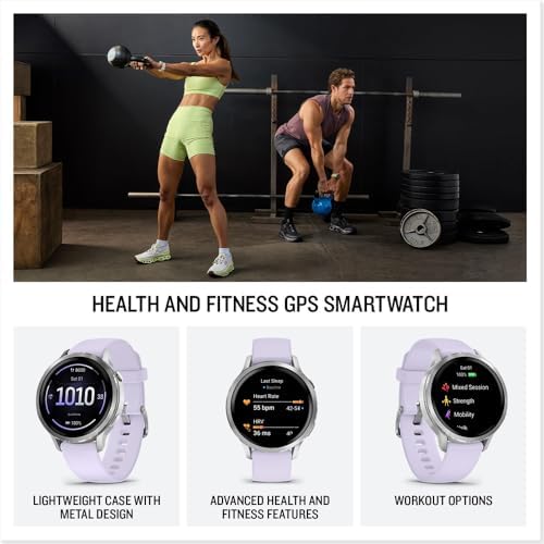Garmin Venu 4 41mm Health and Fitness GPS Smartwatch, AMOLED, Silver with Periwinkle Silicone Band, 010-03013-01 - Bundle w/Deco Essentials 18mm Nylon Elastic Bands, Dock and Dust Cover