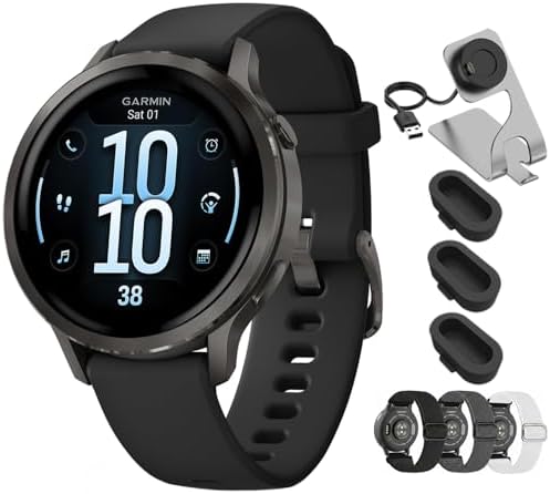 Garmin Venu 4 41mm Health and Fitness GPS Smartwatch, AMOLED, Slate with Black Silicone Band, 010-03013-02 - Bundle w/Deco Essentials 18mm Nylon Elastic Bands, Dock and Dust Cover