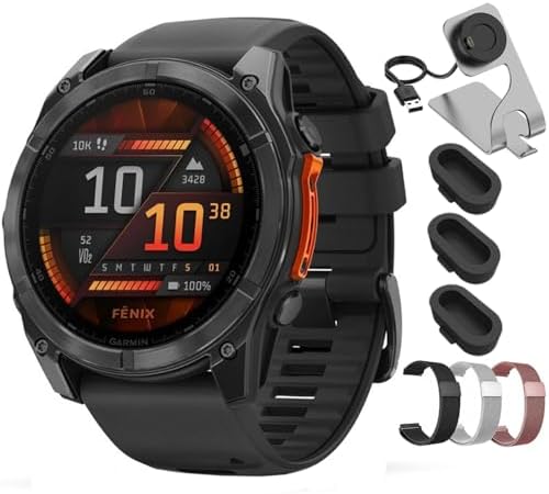Garmin Fenix 8 51mm AMOLED Multisport GPS Smartwatch, Slate Gray with Black Silicone Band, 010-02905-00 - Bundle w/Deco Essentials 26mm Milanese Bands, Dock and Dust Cover