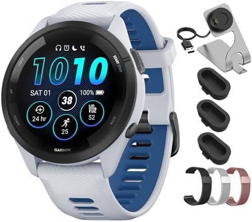 Garmin Forerunner 265 Running GPS Smartwatch, AMOLED Display, 46mm, Whitestone/Tidal Blue, 010-02810-01 - Bundle w/Deco Essentials 22mm Milanese Bands, Dock and Dust Cover