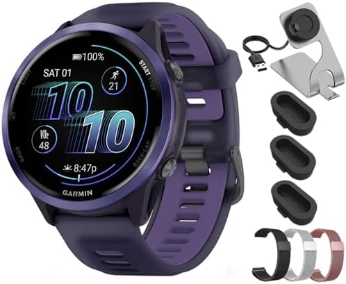 Garmin Forerunner 570 47mm GPS Smartwatch Aluminum and Purple/Indigo Band 010-02971-02 Bundle with Deco Essentials 22mm Milanese Band 3 Pack, Charging Dock and Silicone Dust Cover 3 Pack