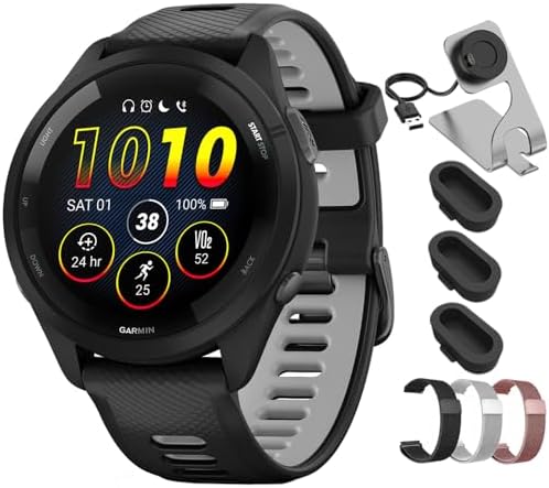 Garmin Forerunner 265 Running GPS Smartwatch, AMOLED Display, 46mm, Black/Powder Gray, 010-02810-00 - Bundle w/Deco Essentials 22mm Milanese Bands, Dock and Dust Cover