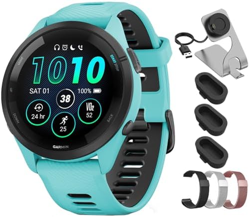 Garmin Forerunner 265 Running GPS Smartwatch, AMOLED Display, 46mm, Aqua/Black, 010-02810-02 - Bundle w/Deco Essentials 22mm Milanese Bands, Dock and Dust Cover