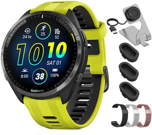 Garmin Forerunner 965 Running Smartwatch Amp Yellow and Black 010-02809-02 Bundle with Deco Essentials 22mm Milanese Band 3 Pack, Charging Dock and Silicone Dust Cover 3 Pack