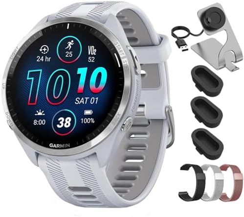 Garmin Forerunner 965 Running Smartwatch Whitestone and Powder Gray 010-02809-01 Bundle with Deco Essentials 22mm Milanese Band 3 Pack, Charging Dock and Silicone Dust Cover 3 Pack
