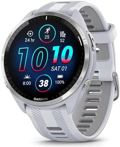 Garmin Forerunner 965 Running Smartwatch Whitestone and Powder Gray 010-02809-01 Bundle with Deco Essentials 22mm Milanese Band 3 Pack, Charging Dock and Silicone Dust Cover 3 Pack