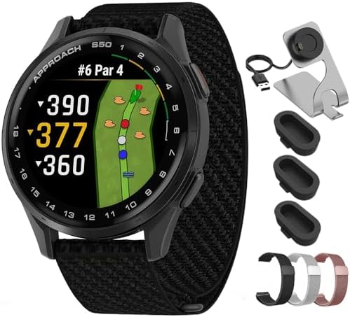 Garmin Approach S50, Advanced Golf GPS Smartwatch, AMOLED Display, On-Course Features, Slate Aluminum Bezel with Black ComfortFit Nylon Band - Bundle w/Deco Essentials 20mm Milanese Bands & Dock