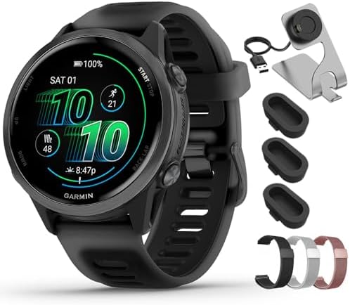 Garmin Forerunner 570-42mm GPS Smartwatch Aluminum and Black Band 010-02970-00 Bundle with Deco Essentials 20mm Milanese Band 3 Pack, Charging Dock and Silicone Dust Cover 3 Pack