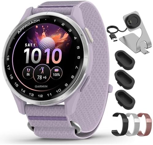 Garmin Approach J1 Silver Aluminum Bezel with Lilac ComfortFit Fabric Band 010-03898-10 Bundle with Deco Essentials 20mm Milanese Band 3 Pack, Charging Dock and Silicone Dust Cover 3 Pack