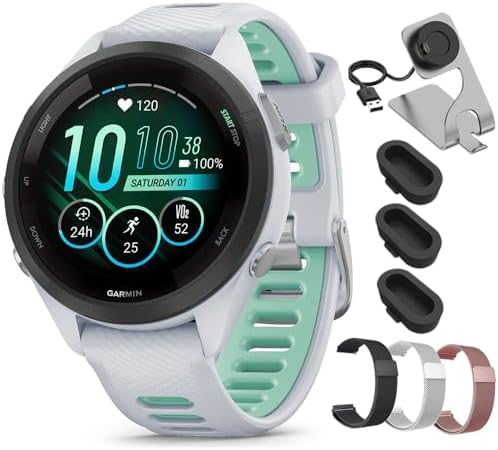 Garmin Forerunner 265S Running GPS Smartwatch, AMOLED Display, 42mm, Whitestone/Neo Tropic, 010-02810-04 - Bundle w/Deco Essentials 18mm Milanese Bands, Dock and Dust Cover