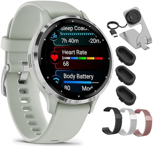 Garmin Venu 3S Slate Stainless Steel Bezel AMOLED Smartwatch, 41mm Pebble Gray Case, 010-02785-00 - Bundle w/Deco Essentials 18mm Milanese Bands, Dock and Dust Cover