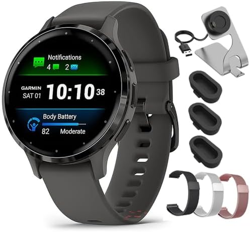 Garmin Venu 3 Silver Stainless Steel Bezel AMOLED Smartwatch, 45mm Whitestone Case, 010-02784-00 - Bundle w/Deco Essentials 22mm Milanese Bands, Dock and Dust Cover