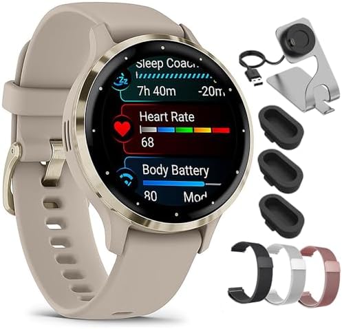 Garmin Venu 3S Soft Gold Stainless Steel Bezel AMOLED Smartwatch, 41mm Ivory Case, 010-02785-04 - Bundle w/Deco Essentials 18mm Milanese Bands, Dock and Dust Cover