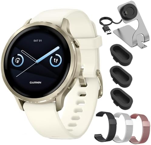 Garmin Venu 4 41mm Health and Fitness GPS Smartwatch, AMOLED, Lunar Gold with Bone Silicone Band, 010-03013-00 - Bundle w/Deco Essentials 18mm Milanese Bands, Dock and Dust Cover