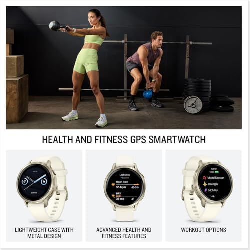 Garmin Venu 4 41mm Health and Fitness GPS Smartwatch, AMOLED, Lunar Gold with Bone Silicone Band, 010-03013-00 - Bundle w/Deco Essentials 18mm Milanese Bands, Dock and Dust Cover