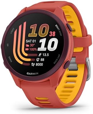 Garmin Forerunner 170 Music, GPS Running Smartwatch, Advanced Training Metrics and Recovery Insights Plus Music Storage, Red Pink with Red Pink/Mango Band