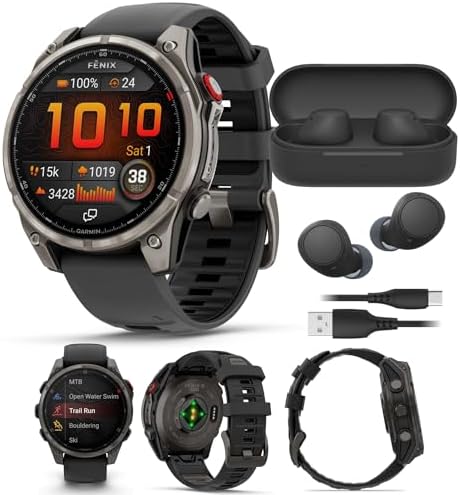 Garmin Fenix 8 Pro Sapphire 47mm AMOLED (Carbon Gray DLC Titanium) GPS Smartwatch Bundle with Wireless Earbuds (2 Items)